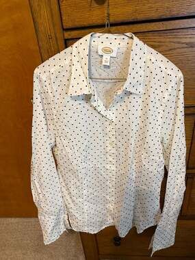 Talbots Women's White and Black Polka Dot Cotton Button Down Shirt Size 14